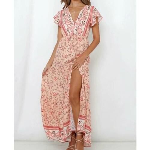 Happie Queens women floral print short sleeve ruffles pleated Bohemian maxi dresses Ladies v-neck rayon Boho happie dress