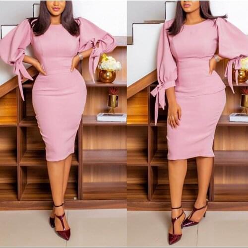 2021 Women Elegant Party Maxi Dresses Sexy Three Quarter Lantern Sleeve African Fashion Bodycon Pink Office Lady Long Dress
