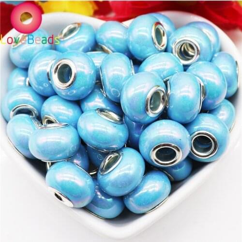 10Pcs Blue Color Resin Muranos Large Hole European Spacer Beads Silver Plated Fit Pandora Bracelet Snake Chain Jewelry Making