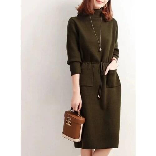 2020 New Winter Plus Size Womens Knit dresses Velet thick Female Solid color High Neck Bottoming A word Medium Length Dresses