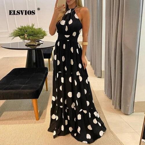 2021 Summer New Fashion Sexy Halter Backless Dress Wave Point Print Dress Women Off Shoulder Elegant Party Maxi Dresses Vestidos