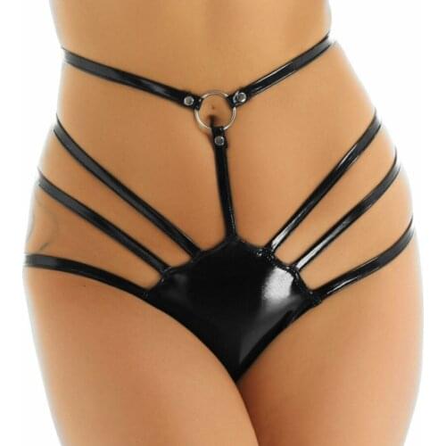 2021 Women Bikini Patent Leather Adjustable High Cut Sexy Bottom Panties Nightclub Party Festival Rave Costume Pole Dance Short