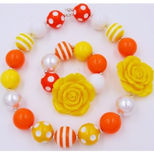 2021New Girls Kids Halloween DAY Party Dress-up Gift For Child Yellow Orange Flower Chunky Bubblegum Beads Necklace Bracelet Set