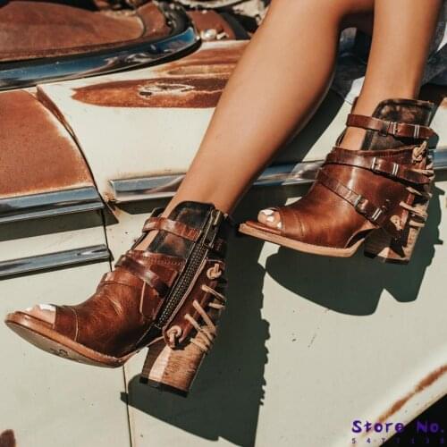 Women ankle boots high heels pump chaussure vintage PU leather gladiator peep toe booties shoes woman zapatos mujer sapatoHP2297