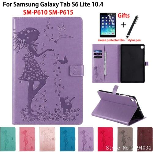 Case For Samsung Galaxy Tab S6 Lite 10.4'' 2020 P610 P615 SM-P610 SM-P615 Cover Funda Tablet Girl Cat Embossed Stand Shell +Gift