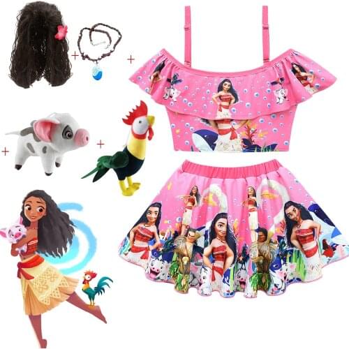 Kids Girls Clothes Cosplay Princess Dress Moana Children Vaiana Girls Party Costume Dresses with Necklace Pet Pig Chick Girl Set