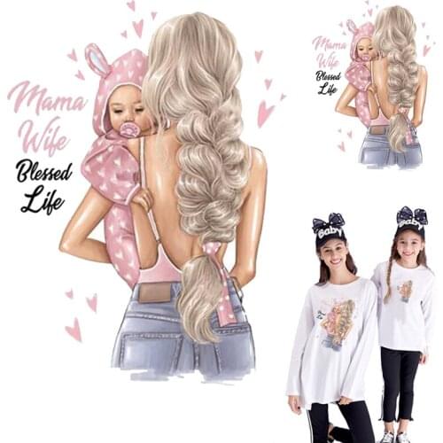 Girls Iron On Transfer Thermo Stickers Patches For Clothes Stripes Cartoon Beauty Heat Transfer Lady Mom Baby Patches DIY Badge