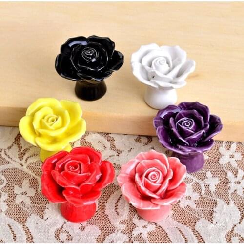 Rose Flower Ceramic Handles Drawer Knobs Cupboard Door Handles Single Hole Cabinet Handles with screws Furniture Handles
