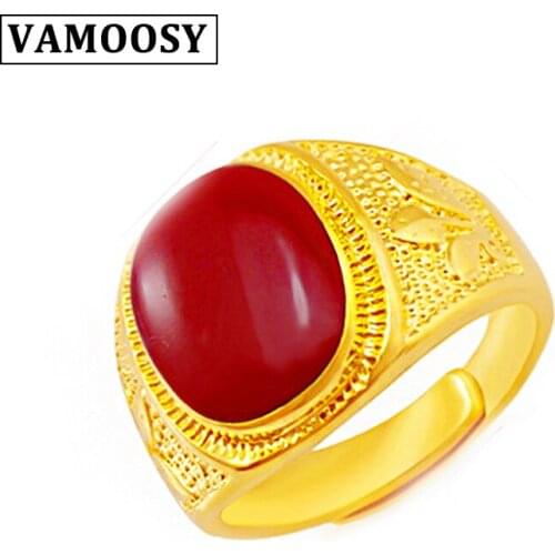 VAMOOSY Red/green opening drip oil simulation nature stone ring for women mens ring no faded plating 24K gold jewelry wholesale