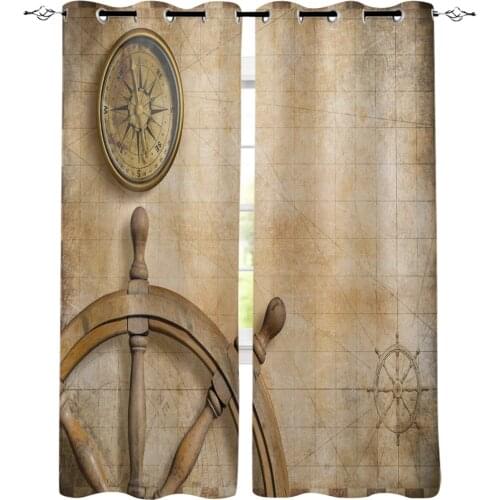 Kitchen Curtains Steering Wheel Compass Vintage Map Window Curtains Living Room Bedroom Decor Items Curtains for Bedroom