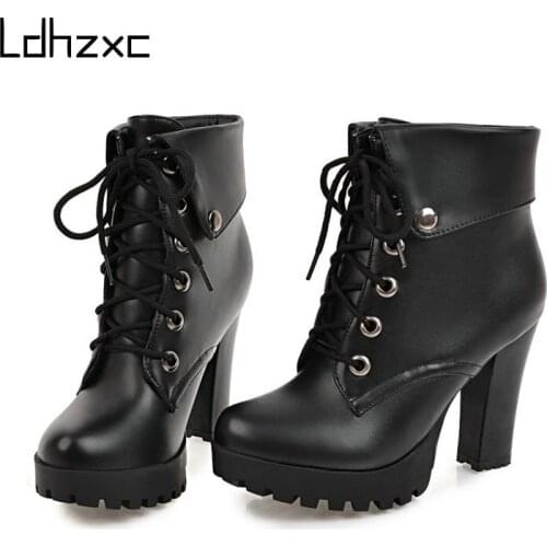 LDHZXC Top Quality Black Pu Leather Boots Women Free Shipping Female Autumn Shoes Zipper Platform Boots High Heel
