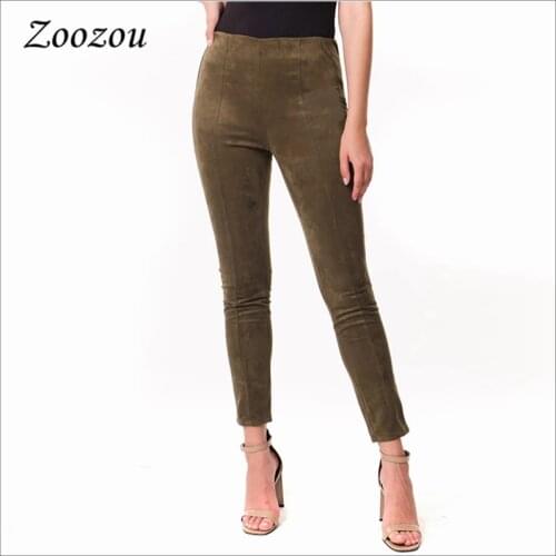 Back Zipper Supple Suede Leather Leggings Pants Women Elastic Slim Casual Pencil Trouser Skinny Office Lady Ankle Length Pants