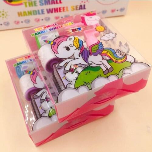 Cute Unicorn Handle Wheel Roller Stamp with Inkpad Diary DIY Stamp Stationery Set Kids Student Prize Promotional Gift School