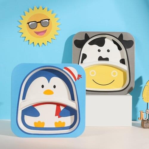 Baby Feeding Bowl Cartoon Bamboo Fiber Baby Anti-fall Supplementary Food Meal Plate Creative Baby Meal Partitioned Meal Plate