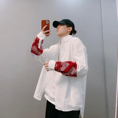 Mens Cotton Floral Patchwork Loose Casual Shirt Long Sleeve Blue Red Male Shirts E1