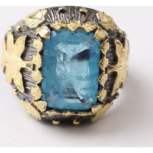 Blue Aquamarine Mans Handmade 925 Silver Ring,Handmade 18K Gold Leaf Pattern Rectangular Shaped Light Blue