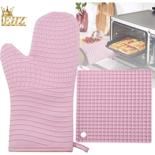 EHZ Silicone Place Mat & Glover Set Of 2PCS BBQ Microwave Oven Cooking Heat-Resistant Silicone Thickened Gloves Pink & Green
