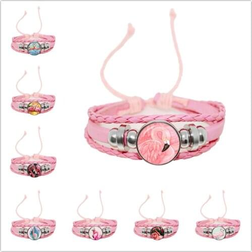 New Arrival Adjustable Bracelets Flamingo Pink Braided Leather Bracelet Glass Dome Woven Jewelry Men Womens Bangle Gift
