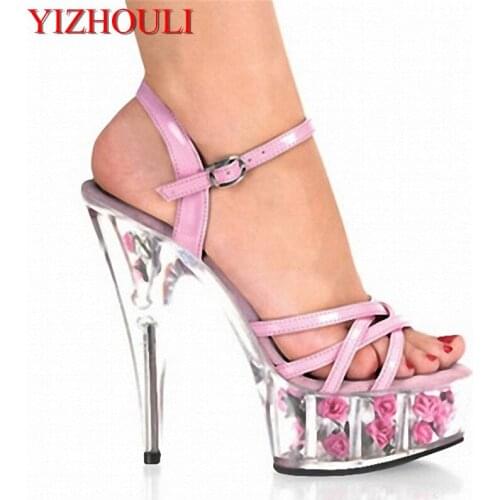 Sexy pink 15cm high with rose decoration platform, sexy sandals transparent crystal dancing shoes