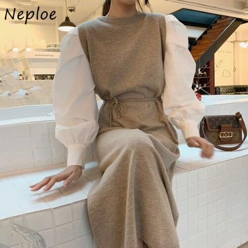 Kuzuwata Fake Two-piece Knitted Dress Women Chic Round Neck Pleated Robe Puff Sleeves Hit Color Stitching Lace-up Waist Vestidos