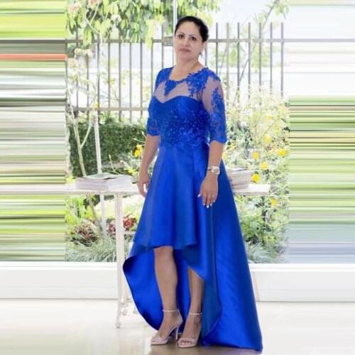 YiMinpwp Royal Blue High Low Mother of The Bride Dresses Jewel Half Sleeve Appliques Illusion Formal Mother Wedding Guest Gowns