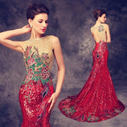 Luxury Trailing Long Cheongsams Sequins/Embroidery Backless Qipao Robe Orientale Chinese Tradition Wedding Dress Mermaid