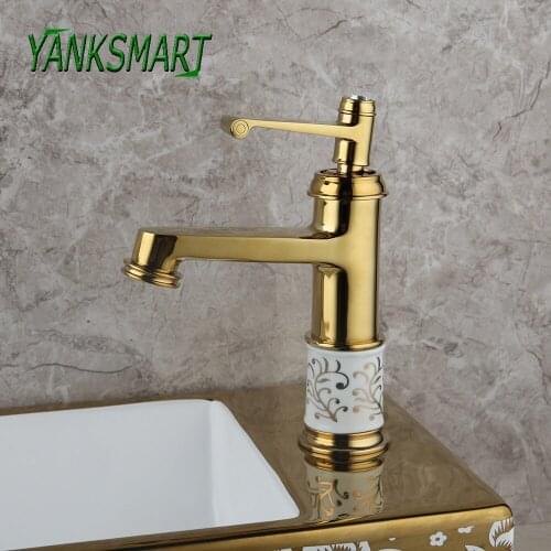YANKSMART Luxury Gold Plating Ceramics Bathroom Basin Sink Faucet Single Handle Deck Mounted Faucet Cold & Hot Water Mixer Tap