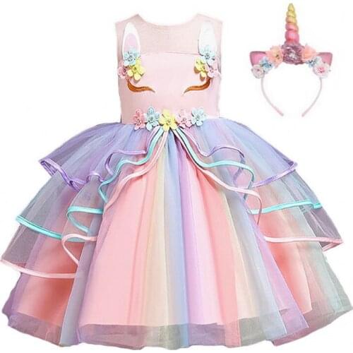 Pink Summer Unicorn Costume With Headband For Kids Princess Girl Pony Christmas Halloween Ball Gown Fancy Party Outfit Clothing