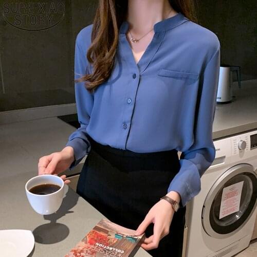 2021 Spring New Womens Casual Loose Slim Shirt Pure White Shirt Simple Solid V-neck Long-Sleeve Chiffon Blouse Female 8969 50