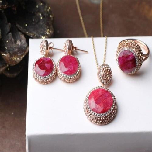 Teardrop Pink Silver Jewelry Set, Woman Silver Pink Ring + Pendant + Earrings, Handmade Woman Silver Jewelry Sets