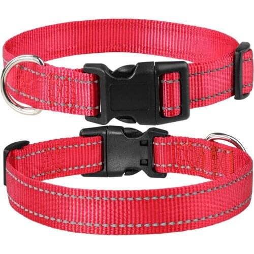 Reflective Nylon Dog Collar with Quick Release Buckle Adjustable Classic Solid Colors Red Pet Collar