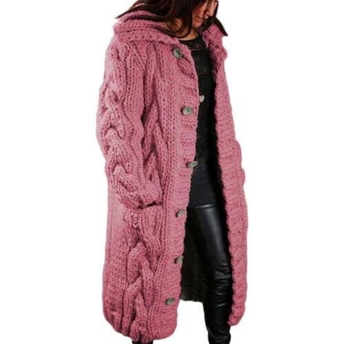 Sweater Women Winter Long Sleeve Twist Knitted Cardigan Pocket Buttons Warm Hooded Coat