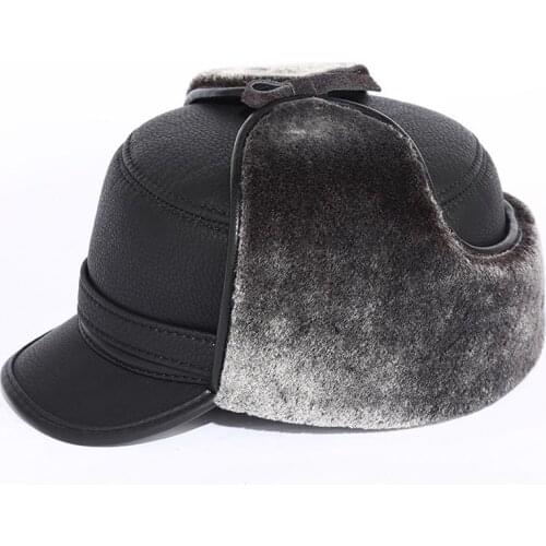 Fibonacci High Quality Cold Proof Warmth Retention Men Bomber Hats Middle Aged Old Age Winte Hat PU Leather Plush Ear Flat Cap