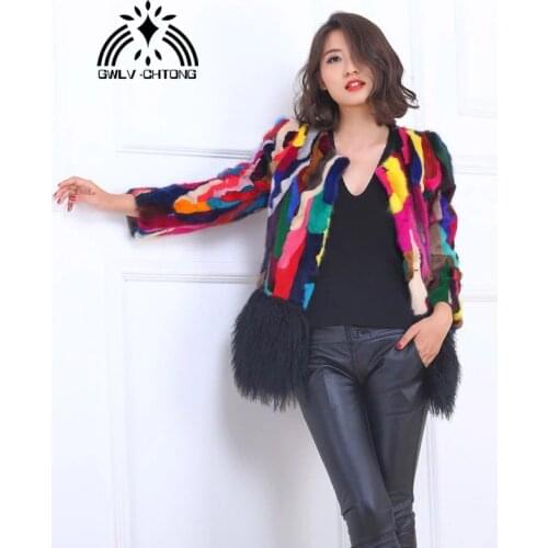 New Natural genuine real Mink Fur coat Womens fashion multi-color colorful All-match jacket with lamb fur hem