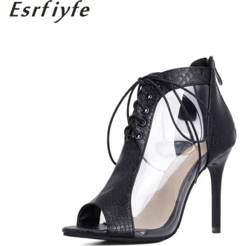 ESRFIYFE 2021 New Arrival Peep Toe Cross Strap Lace Up Boots Sandals Open Toe Ankle Botines Black Sexy Serpentine Women Shoes