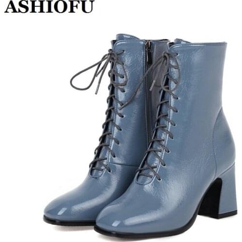ASHIOFU New Arrival Ladies 8cm Thick Heels Boots Cross-shoelace Sexy Party Martin Boots Side-zipper Evening Club Fashion Boots