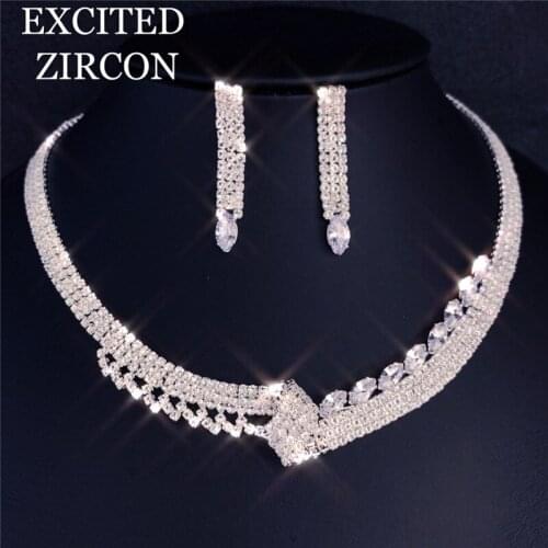 Ladies fashion rhinestone crystal luxury necklace earrings two-piece set bride and bridesmaid wedding jewelry accessories