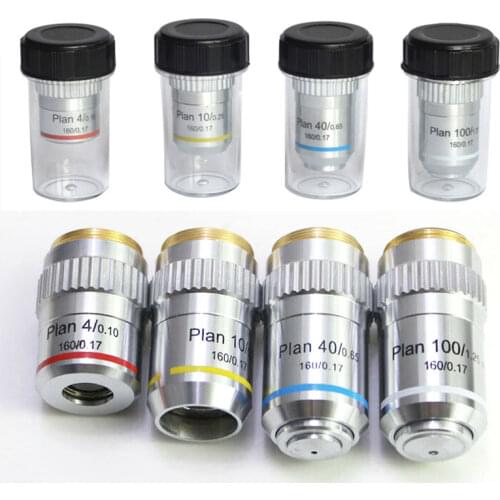 195 Plan 4X 10X 40X 100X Objective lens Set Biological Microscope Achromatic Objectives 20.3 RMS Microscope Parts Accessories