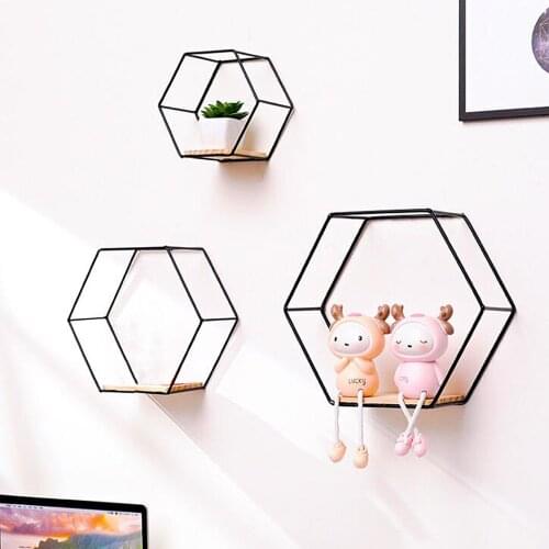3PCS Simplicity Iron Art wall Hanging Shelf Hexagon Floating Living Room Bedroom Wall Decoration Stand Storage Rack