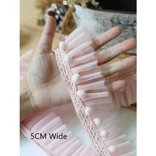 5CM Breed Luxe Light Pink Geplooide Guipure Kant Stof 3D Pompoms Trim Ball Fringe Geborduurde Lint DIY Doek Zakken Naaien decor