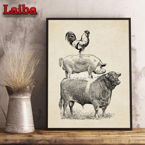 Diamond painting Farm Poultry Cow Pig Chicken Vintage art Kitchen Decor,French Country Farmhouse Retro diamond embroidey decor