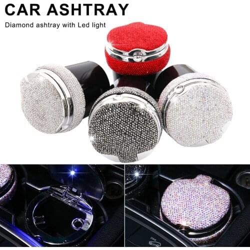 Car Ashtray with LED Light Blue Bling Crystal Rhinestones Ashtray Portable Washable Cigarette Holder Car Interior Accessories