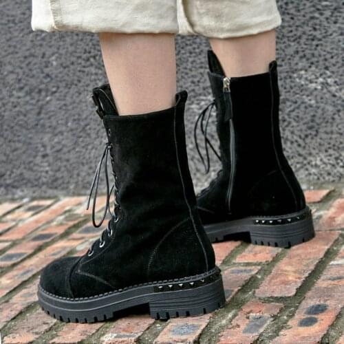 EshtonShero Autumn/Winter Shoes Woman Kid Suede+PU Lace Up Ankle Boots Square Low Heel Black Ladies Wedding Boots Size 34-39