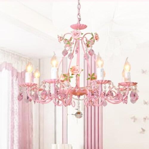 Floral Chandelier Lamp Pink Color Pink Ceramic Roses D66cm H52cm 8arms Bedroom Light Fixture E14 LED Home Decoration Chandelier