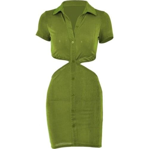 Elegant Shirt Dress Sexy Hollow Waist Short Sleeve Polyester Turn-Down Collar Summer Dress for Party Streetwear