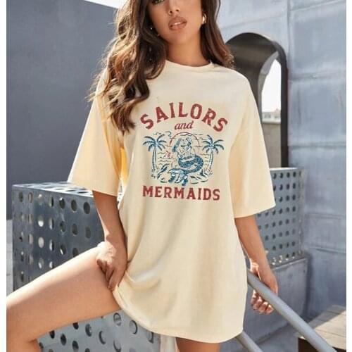 Letters Printed Sailors And Mermaids Funny T-Shirt Women Tumblr Fashion Casual Short Sleeve Graphic Tee Ladies Tops Gifts