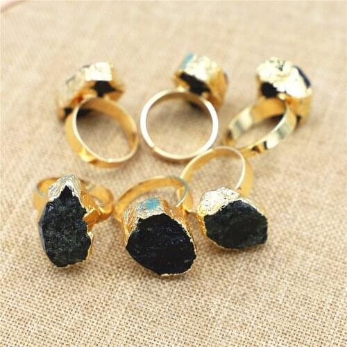 Hot Natural Stone Gold Adjustable Ring Irregular Black Tourmaline E Ore Gem Blue Crystal Finger Rings for Women Trendy Jewelry