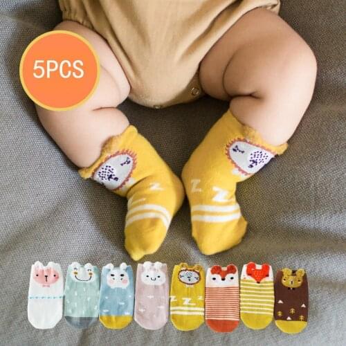 Wecute 5 Pairs Cotton Baby Socks for Boy Gilr Newborn Cartoon Animal Print Socks Toddler Soft Autumn Winter Socks For 0-3 Kids