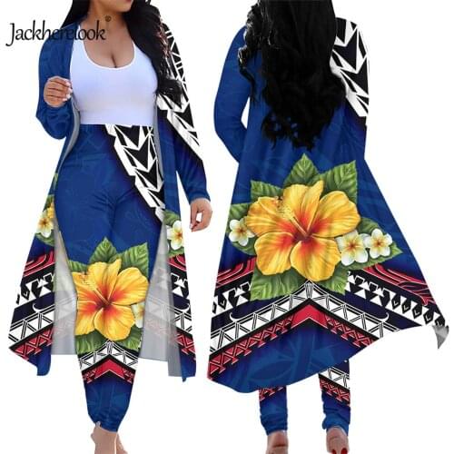 Jackherelook Samoan Polynesian Tribal Hibiscus Brand Design Two Piece Outfits for Womens Cardigan Skinny High Waist Long Pants
