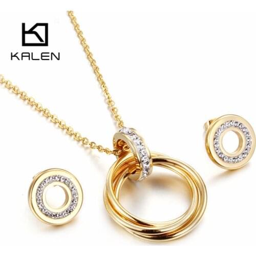 Kalen Fashion Cheap Jewelry Set Gold Color Stainless Steel Round Rings Pendant Necklace Earrings Set For Women Friendship Gift